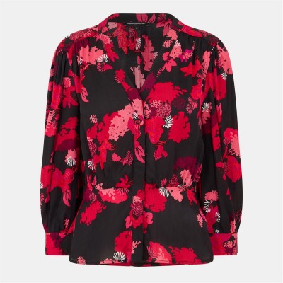 дамски,ризи,french,connection,women's,chiara,balloon,sleeve,long,patterned,shirt,blackout,multi