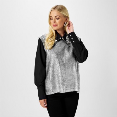 пуловер,дамски,плетени,дрехи,biba,biba,embellished,collar,2in1,jumper,silver