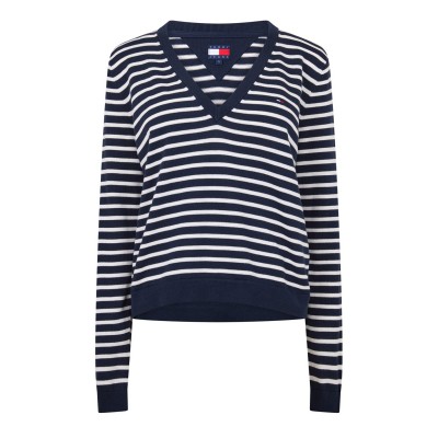 пуловер,дамски,плетени,дрехи,tommy,jeans,women's,v,neck,jumper,navy,stripe