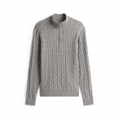 tommy,hilfiger,men,s,cotton,1,4,zip,mock,neck,cable,knit,jumper,grey