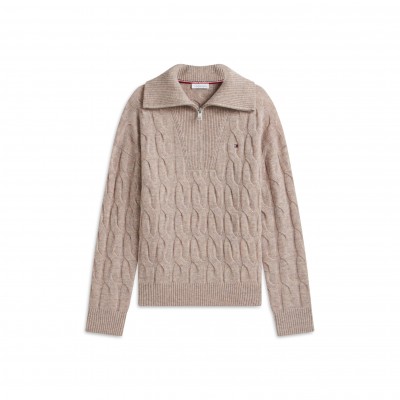 дамски,пуловер,tommy,hilfiger,women,s,wool,cable,knit,1,4,zip,jumper,lt,camel,heathr