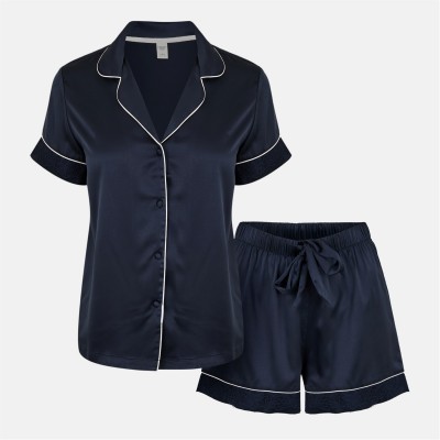 пижама,дамски,пижами,chelsea,peers,satin,lace,short,sleeve,pyjama,set,navy