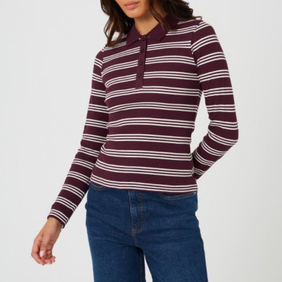 дамска,фланелка,с,дълъг,ръкав,brave,soul,ladies,long,sleeve,collared,rib,top,burgundy,cream