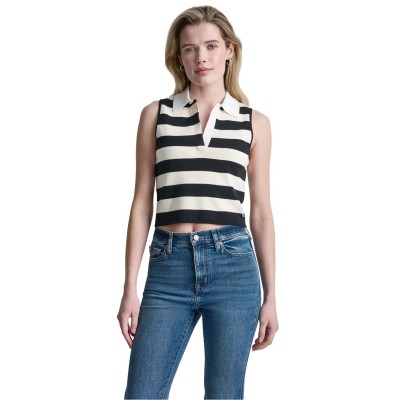 дамска,блуза,dkny,womens,striped,sleeveless,polo,sweater,blck,eggnog,wh
