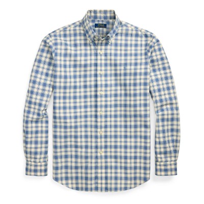 мъжки,ризи,polo,ralph,lauren,custom,fit,plaid,oxford,shirt,blue,cream