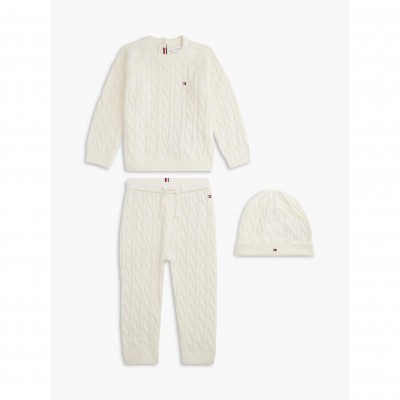 пуловер,tommy,hilfiger,kids,cable,knit,jumper,trousers,and,beanie,clothing,set,ivory,petal,z00