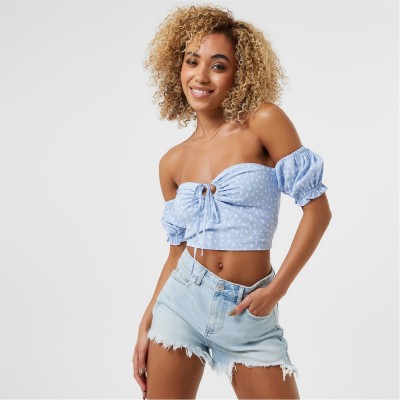 къса,блуза,дамски,ризи,jack,wills,off,shoulder,crop,top,blue,print