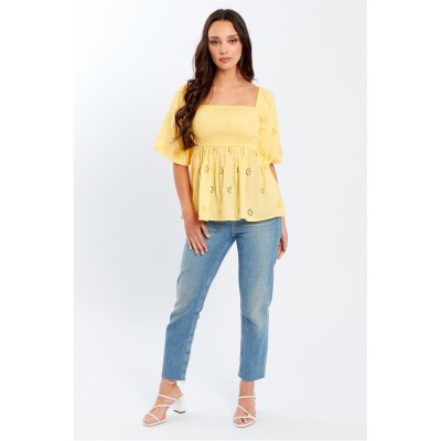 дамски,ризи,дамски,облекла,размер,be,you,broderie,square,neck,top,lemon