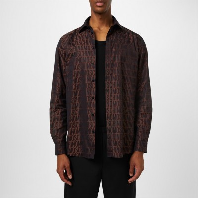 облекла,на,разпродажба,мъжки,ризи,moschino,men's,logo,print,poplin,long,sleeve,patterned,shirt,fantasy,brown