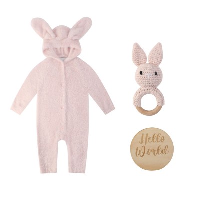 бебешки,облекла,hello,world,baby,girl,bunny,romper,and,rattle,gift,pink