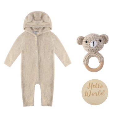 бебешки,облекла,hello,world,baby,boy,bear,romper,and,rattle,gift,beige