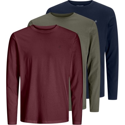 мъжка,тениска,облекла,на,разпродажба,мъжки,тениски,jack,and,jones,3,pack,crew,neck,long,sleeve,t,shirt,mens,olive,port,navy
