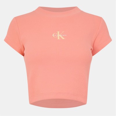 тениска,дамски,топове,calvin,klein,jeans,mono,rib,cropped,t,shirt,powder,orange