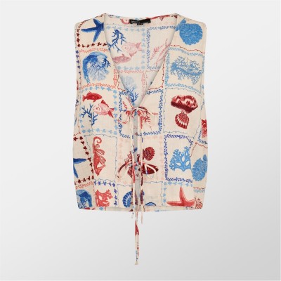 дамски,топове,nobodys,child,cream,linen,blend,shell,print,tie,front,top,ariel