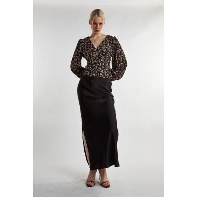 дамски,тениски,дамски,топове,glamorous,black,ditsy,print,button,front,top,black