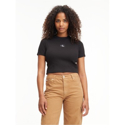 фланелка,с,къс,ръкав,дамски,топове,дамски,тениски,calvin,klein,jeans,badge,rib,short,sleeve,tee,ck,black