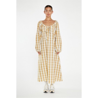 дамски,поли,и,рокли,glamorous,beige,cream,check,gathered,tie,neck,midi,dress,beige