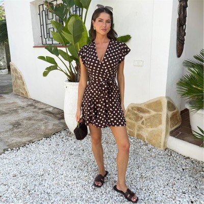 рокля,дамски,поли,и,рокли,ax,paris,chocolate,polka,dot,print,wrap,top,skater,mini,dress,chocolate