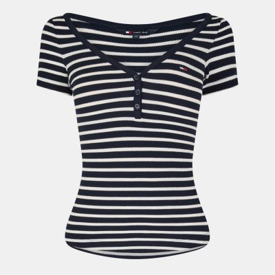 тениска,дамски,топове,tommy,jeans,women's,waffle,v,neck,slim,fit,t,shirt,navy,stripe