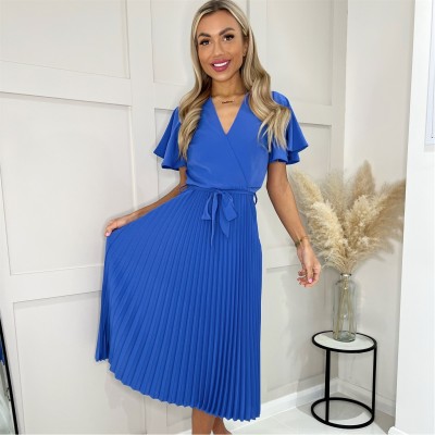рокля,дамски,поли,и,рокли,ax,paris,pleated,midi,dress,with,tie,waist,blue