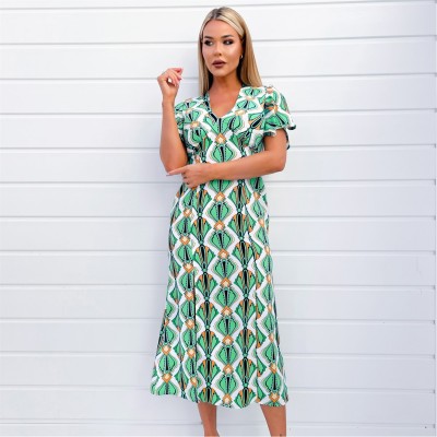 рокля,дамски,ризи,ax,paris,multi,print,v,neck,tie,detail,short,sleeve,midi,dress,multi