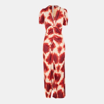 рокля,ax,paris,rust,printed,puff,sleeve,front,split,midi,dress,multi