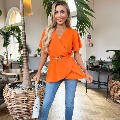 фланелка,с,къс,ръкав,дамски,топове,ax,paris,orange,short,sleeve,wrap,belted,top,orange