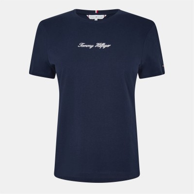 тениска,дамски,топове,tommy,hilfiger,women's,script,short,sleeve,regular,fit,t,shirt,dark,night,navy
