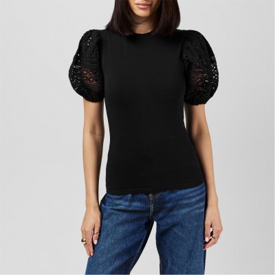 тениска,дамски,топове,french,connection,women's,rosana,broderie,regular,fit,t,shirt,01,blackout