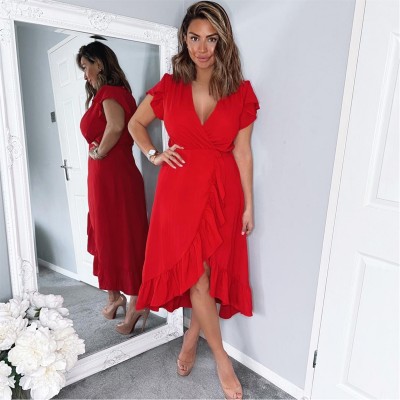рокля,дамски,поли,и,рокли,ax,paris,over,frill,hem,short,sleeve,midi,dress,red