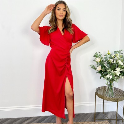 рокля,дамски,поли,и,рокли,ax,paris,ruched,split,leg,midi,dress,red