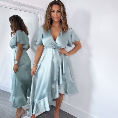 рокля,дамски,поли,и,рокли,ax,paris,egg,satin,frill,hem,short,sleeve,midi,dress,duck,egg