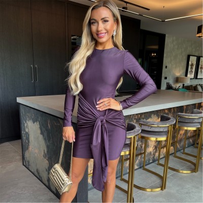 рокля,дамски,поли,и,рокли,ax,paris,long,sleeve,sash,bodycon,mini,dress,plum