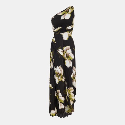 рокля,дамски,поли,и,рокли,ax,paris,floral,print,one,shoulder,cut,out,pleated,midi,dress,black