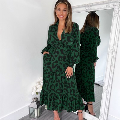 рокля,дамски,поли,и,рокли,ax,paris,leopard,print,long,sleeve,smock,midi,dress,green