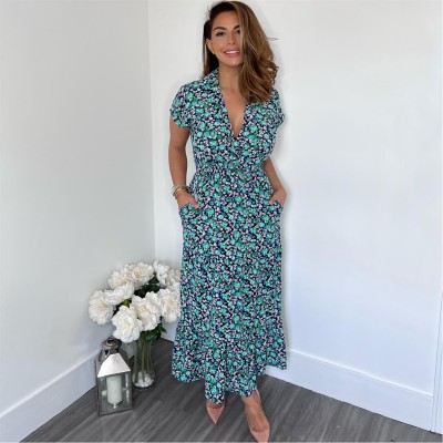 рокля,дамски,поли,и,рокли,ax,paris,floral,print,short,sleeved,v,neck,midi,smock,dress,navy