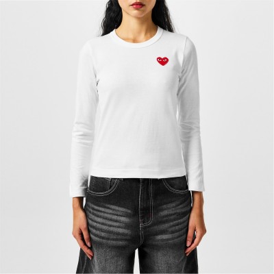 тениска,дамски,топове,comme,des,garcons,play,peeping,heart,long,sleeve,t,shirt,white,red
