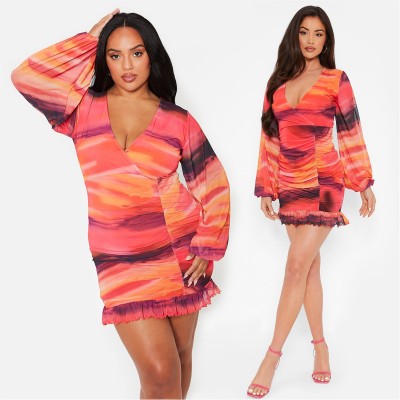 рокля,дамски,поли,и,рокли,i,saw,it,first,printed,wrap,ruched,mesh,mini,dress,orange,sunset