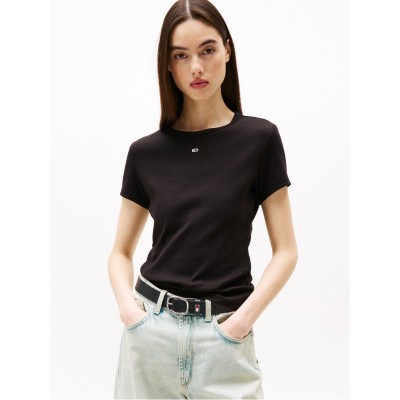 тениска,дамски,топове,tommy,jeans,short,sleeve,logo,ribbed,t,shirt,black