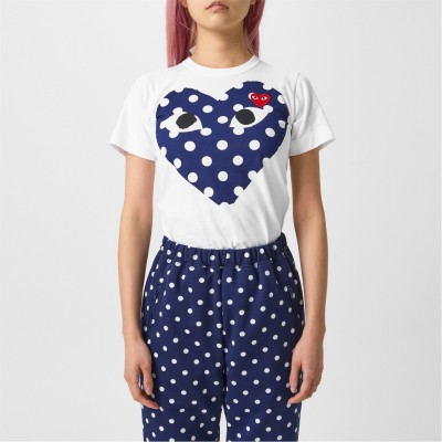 тениска,дамски,топове,comme,des,garcons,play,big,heart,polka,dot,t,shirt,white,blue