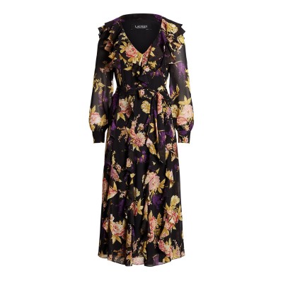 рокля,дамски,поли,и,рокли,lauren,by,ralph,lauren,floral,ruffle,trim,georgette,dress,black,tan,multi