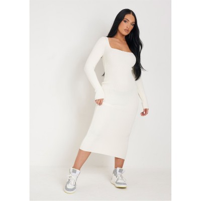 рокля,промоция,на,зимни,облекла,дамски,плетени,дрехи,missy,empire,square,neck,long,sleeve,midi,dress,cream