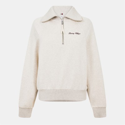 дамски,горнища,с,качулка,дамски,ежедневни,облекла,tommy,hilfiger,women's,script,quarter,zip,fleece,heather,oatmilk