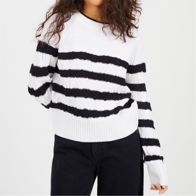 пуловер,дамски,блузи,brave,soul,cable,knit,crew,neck,jumper,with,stripes,ivory,black