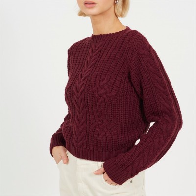 дамски,пуловер,дамски,блузи,brave,soul,womens,classic,crew,neck,cable,knit,jumper,aubergine