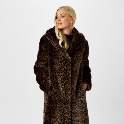 промоция,на,зимни,облекла,дамски,жилетки,biba,women's,archive,faux,fur,leopard,long,sleeve,mid,length,coat,leopard
