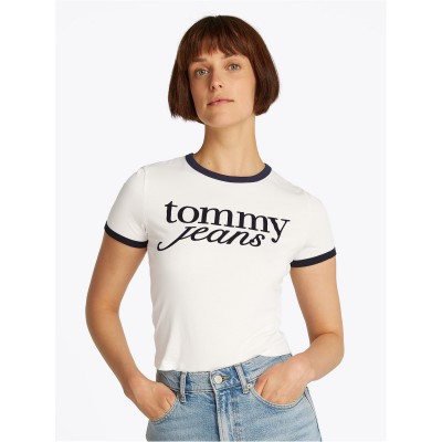 тениска,дамски,топове,tommy,jeans,women's,short,sleeve,script,ringer,slim,fit,t,shirt,ecru
