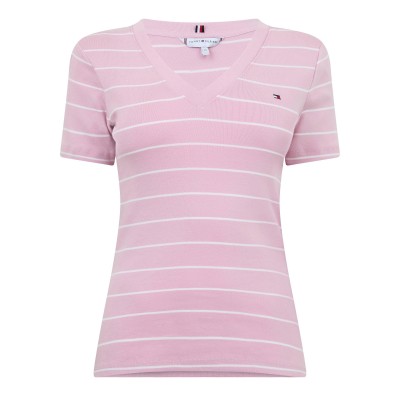тениска,дамски,топове,tommy,hilfiger,v,neck,striped,t,shirt,pink,ecru