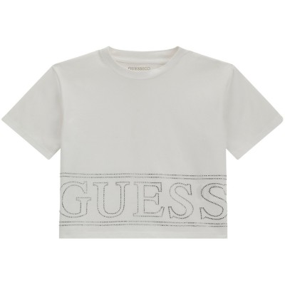 юношеска,тениска,детски,облекла,guess,short,sleeve,crop,t,shirt,juniors,white,g011