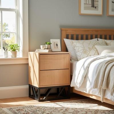 biba,mabel,grooved,oak,colour,wooden,bedside,table,with,2,drawers,brown